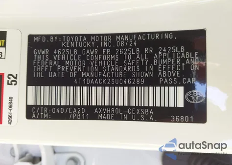 2025 Toyota Camry Se from USA, damaged, VIN 4T1DAACK2SU046289